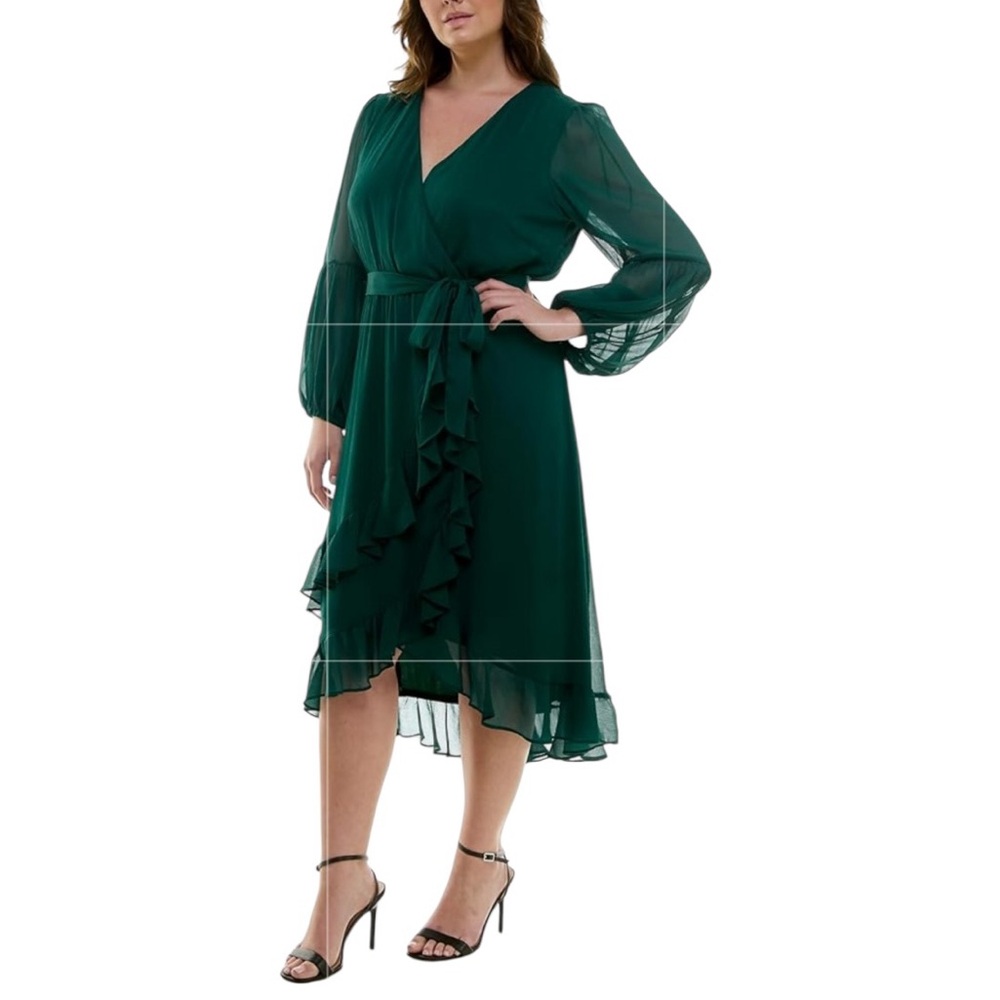 Maison Tara V-Neck Chiffon Faux Wrap Ruffle Hem Long Sleeve Midi Dress‎ Size 20W